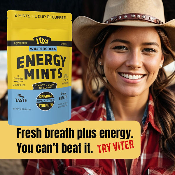 Viter Energy Caffeinated Mints 40Mg Caffeine, B Vitamins, Sugar Free. (Wintergreen, 20Pcs, 6 Pack)