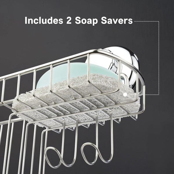 HASKO Suction Cup Shower Caddy Basket for Shampoo, Shower Suction Shelf Organizer, Basket with Soap Holder and Hooks, Stainless Steel Shampoo