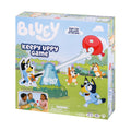 Bluey Keepy Uppy Game. Help, Bingo, and Chilli Keep the Motorized Balloon in the Air with the Character Paddles for 2-3 Players. Ages 4+
