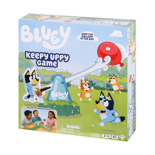 Bluey Keepy Uppy Game. Help, Bingo, and Chilli Keep the Motorized Balloon in the Air with the Character Paddles for 2-3 Players. Ages 4+