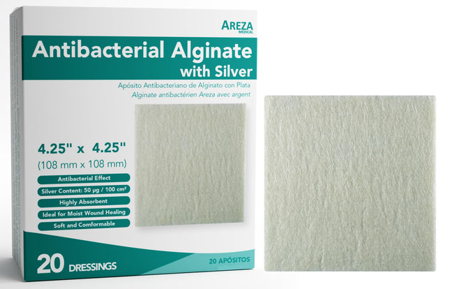 Areza Medical - Silver Alginate (Antibacterial Alginate with Silver) - Sterile - Wound Dressing Pads - 4.25" X 4.25" (10