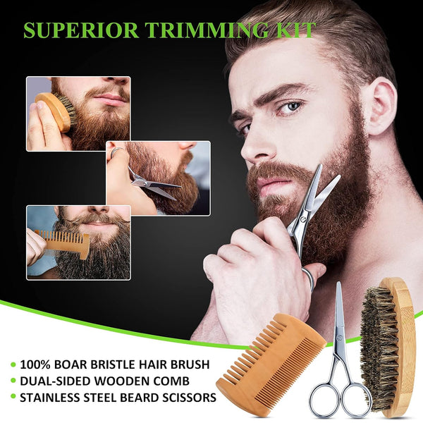 Beard Kit for Men Fathers Day Dad Gifts with Beard Wash, Beard Conditioner, Beard Oil, Beard Balm, Brush, Comb, Scissors, Storage Bag, Gifts for