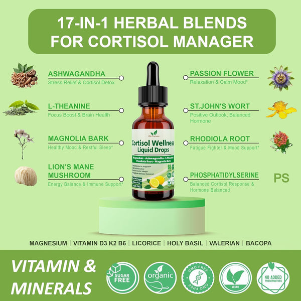 Cortisol Supplement Liquid Drops, 17-In-1 Cortisol Detox W. Magnesium Glycinate 400Mg Ashwagandha, L-Theanine, Phosphatidylserine, Hormone
