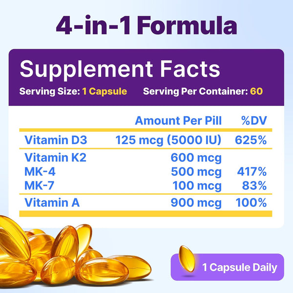 InnovixLabs Vitamin D3 K2-5000 IU Vitamin D3 Plus 600 mcg Vitamin K2 MK4 and MK7 for Max Calcium Absorption, Supports Bone, Immune, Heart Health,