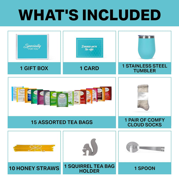 Tea Gifts for Women â Sampler Gift Basket with 15 Unique Blends, Honey Sticks, Stainless Tumbler & Gift-Ready Box (Mom Card-Teal)