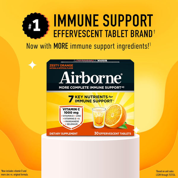 Airborne Vitamin C 1000Mg (Per Serving) - Zesty Effervescent Tablets, Gluten-Free Immune Support Supplement, Echinacea & Ginger, Orange, Citrus,