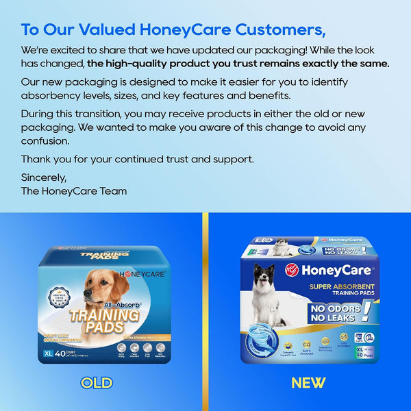 HONEY CARE All-Absorb, X-Large 28" x 34", 40 Count, Dog and Puppy Training Pads, Ultra Absorbent and Odor Eliminating, Leak-Proof 5-Layer Potty