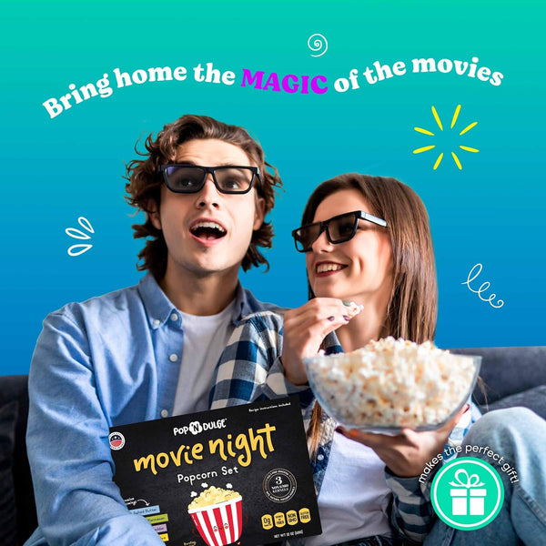 Pop N' Dulge Popcorn Movie Night Supplies 16 Pcs Gift Set, 5 Gourmet Popcorn Kernels, 5 Seasoning Variety Packs Non-Gmo Kosher Snacks, Great