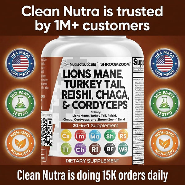Clean Nutraceuticals Lions Mane 20in1 Mushroom Supplement with Turkey Tail Reishi Cordyceps Chaga Maitake Meshima Poria Cocos Shiitake Oyster