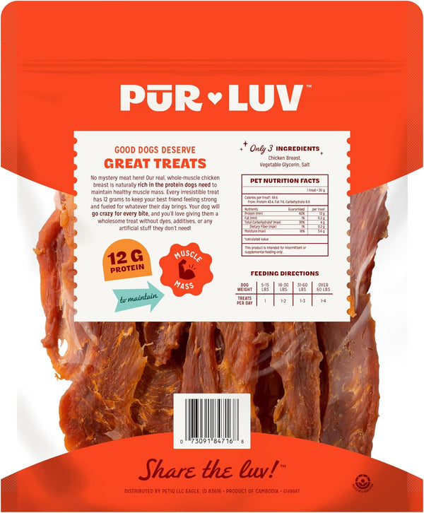 Pur Luv Chicken Jerky Dog Treats, Made with 100% Real Chicken Breast, 16 Ounces, Healthy, Easily Digestible, Long-Lasting, High Protein, Satisfies