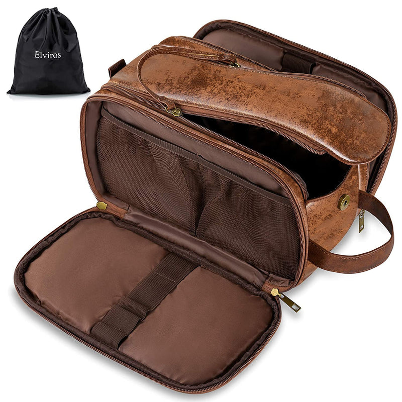Elviros Toiletry Bag for Men PU Leather Dopp Kit (Large, Dark Brown) | Water-Resistant Travel Organizer for Bathroom Toiletries, Shaving Tools,