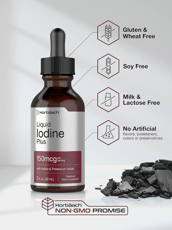 Horbäach Iodine Liquid Drops | 2 fl oz | 150 mcg | Iodine & Potassium Iodide Liquid Tincture | Vegetarian, Non-GMO, Gluten Free Supplement