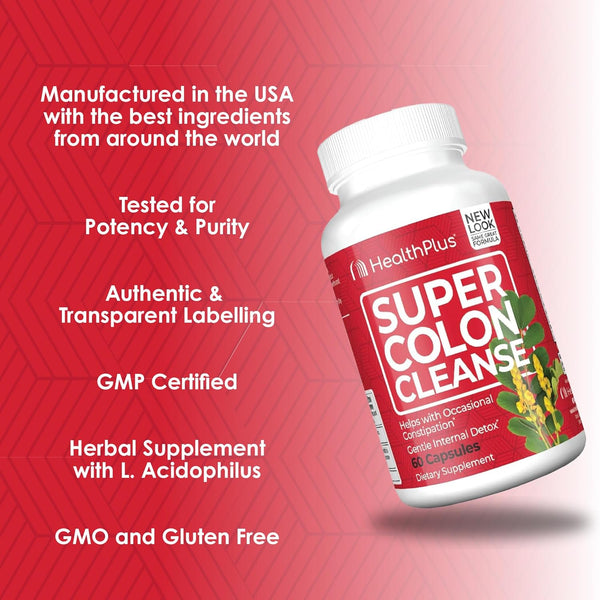 Health plus Super Colon Cleanse 15 Day Supply of Gentle Gut Cleanse Detox, Psyllium Husk, Probiotics for Constipation Relief & Digestive Support,