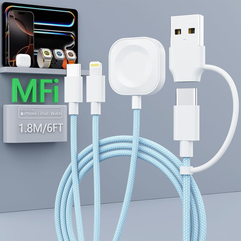 4 in 2 Travel Multi Charging Cable for Apple Watch Charger (6FT/1.8M), Universal Chargers for All Devices Travel Essentials Compatible with Apple
