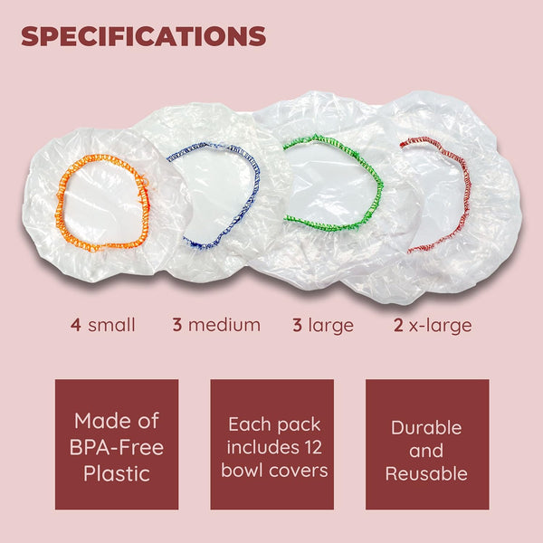 Culinary Elements Reusable Bowl Covers, Fits Small Bowls,12-Pack, 4 Sizes with Elastic, BPA-Free Plastic Food Storage Lids for Leftovers, Snacks &