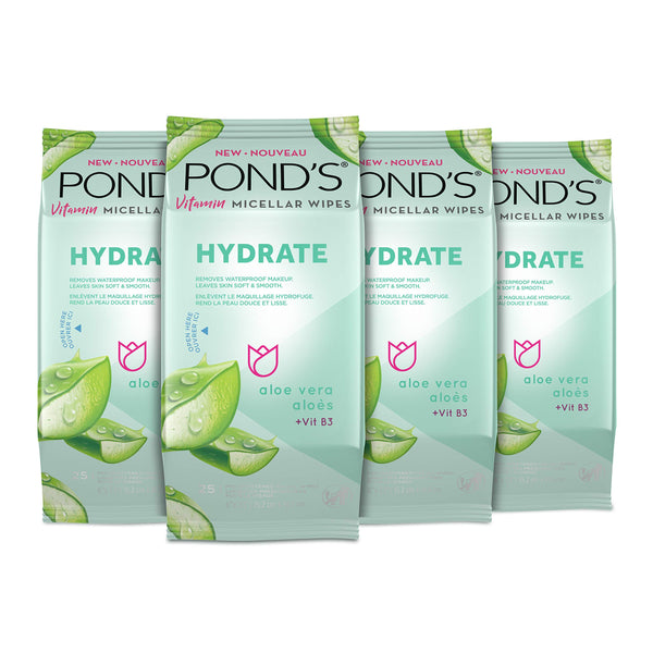 POND'S Vitamin Micellar Makeup Remover Wipes for Dry Skin, Skin Care Hydrating Aloe Vera Daily Face Wipes Remove Dirt, Waterproof Makeup, 25