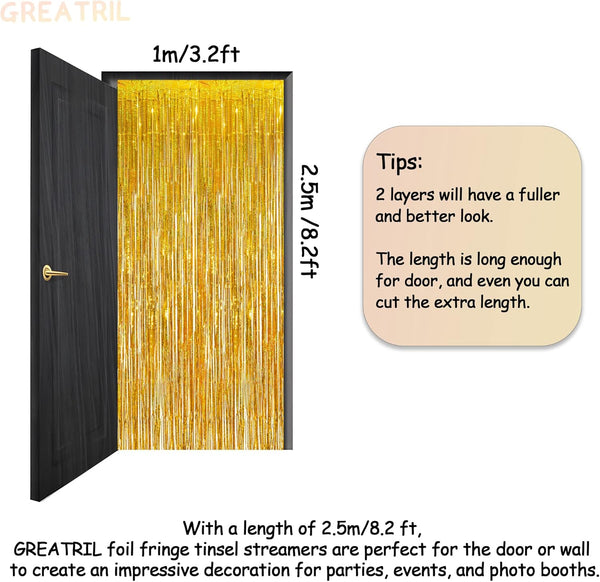 Gold Fringe Curtain Tinsel Backdrop - GREATRIL Foil Fringe Curtain Party Streamers for Prom 2026 NYE New Years Eve Birthdays Christmas Theme Party