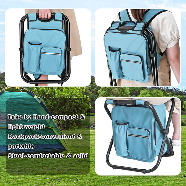 Kikerike Backpack Stool Cooler Chair Heavy Duty 400 LBS Max Load Portable Lightweight Folding Fishing Cooler for Camping Hunting Fishing - Sky Blue