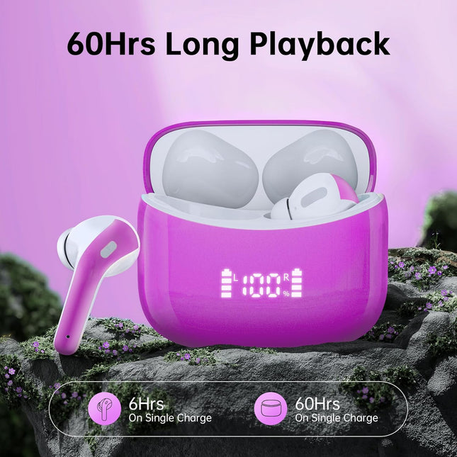 Wireless Earbuds Bluetooth 5.4 Headphones 60H Playtime Bass Stereo Ear Buds with Noise Cancelling Mic LED Display Earbud