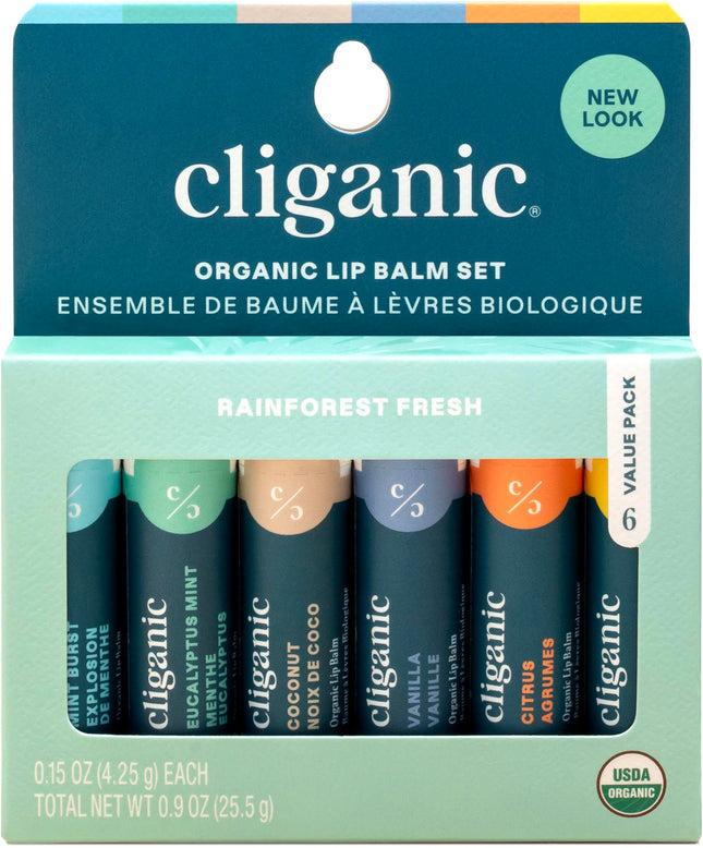 Cliganic Organic Lip Balm Set (6 Flavors) - 100% Natural Hydrating, Moisturizing