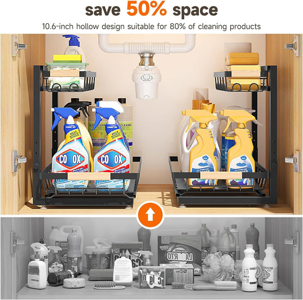 Sevenblue 2 Pack Under Sink Organizer, Under Bathroom Cabinet Organizer with Hooks Hanging Cup, Multi-Purpose Storage Shelf for Kitchen Bathroom,