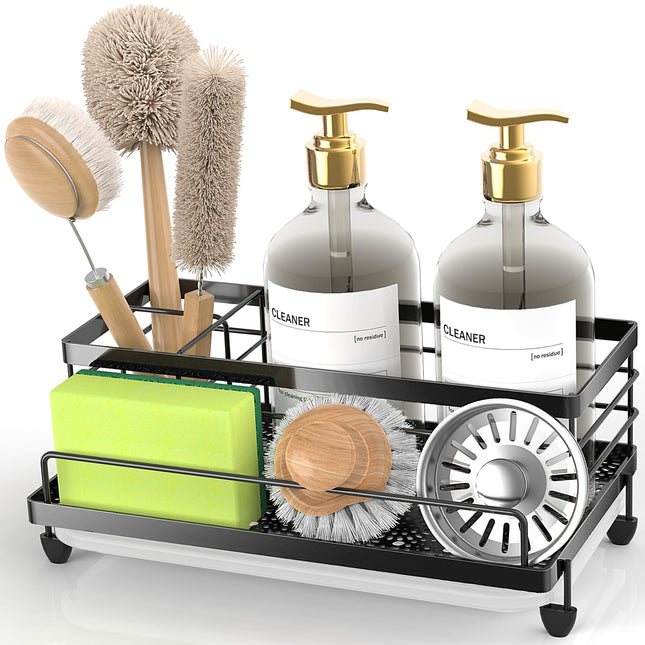 Cisily Large Black Sponge Holder for Kitchen, Sink Caddy Sink Organizer Rack for Kitchen Accessories with Drip Tray, Rus