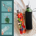 Kitchen Lux 16 Ounce Glass Water Bottles, Reusable Water Bottles with Airtight, Pack of 6, Stainless Steel Lids Carrying Strap And Nylon Water