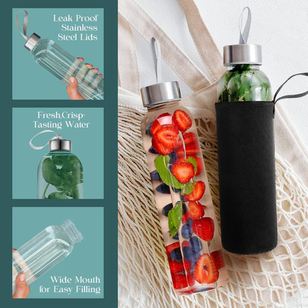 Kitchen Lux 16 Ounce Glass Water Bottles, Reusable Water Bottles with Airtight, Pack of 6, Stainless Steel Lids Carrying Strap And Nylon Water