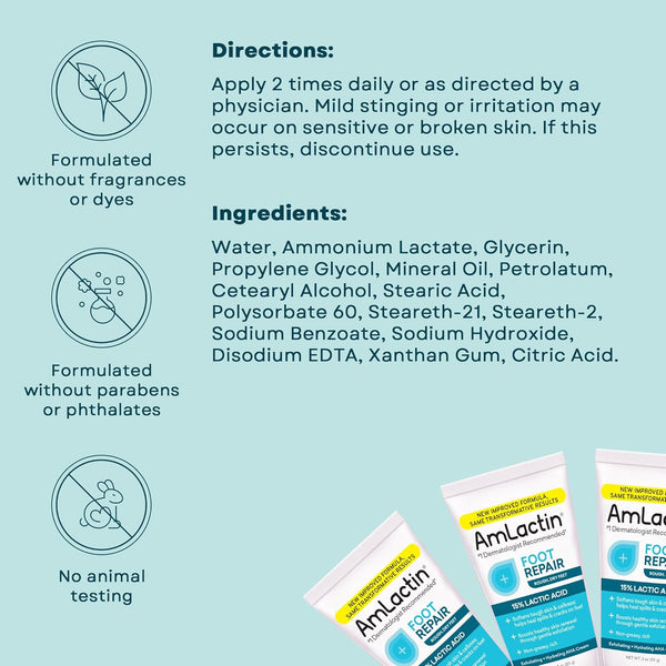 Amlactin Foot Repair Cream - 3 Oz Cream for Dry Cracked Heels with 15% Lactic Acid - Exfoliator and Moisturizer for Dry Skin (Packaging May Vary)