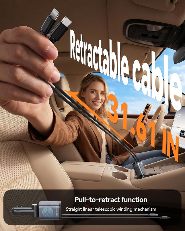 Retractable Car Charger for iPhone 18 Pro,75W Car Charger USB C Fast Charge Gray