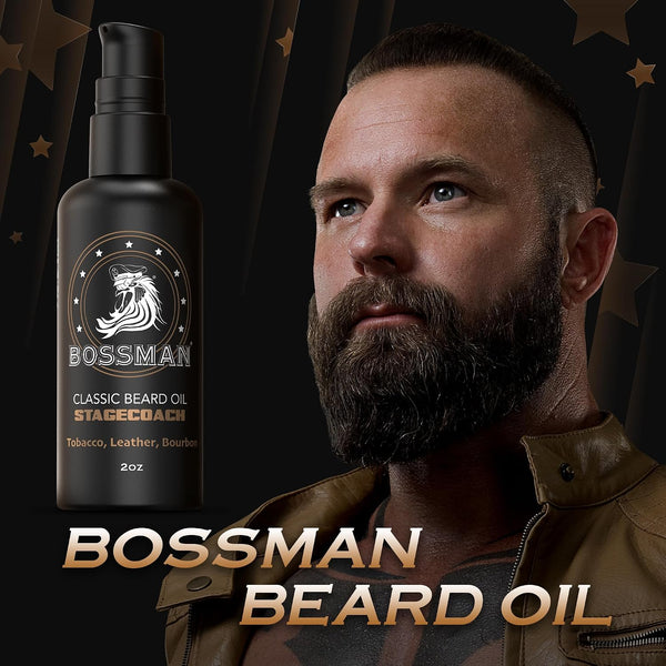 Bossman Organic Mustache & Beard Oil for Men, 2 oz – Natural Beard Moisturizer with Jojoba, Argan & Avocado Oils (Stagecoach Scent)