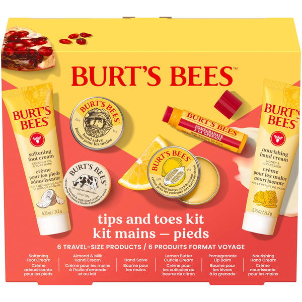 Burt'S Bees Gifts Ideas, Tips and Toes Kit, 6 Travel Size Products - Pomegranate Moisturizing Lip Balm, 2 Hand Creams, Foot Cream, Cuticle Cream,