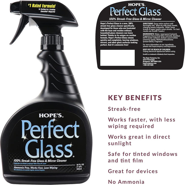 HOPE'S Perfect Glass Cleaner, Streak-Free, Ammonia-Free Window, Mirror, Screen, 
