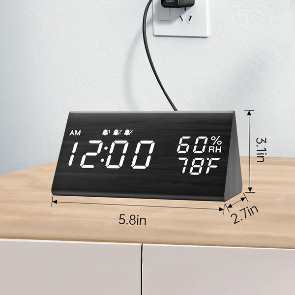 Digital Alarm Clock, with Wooden Electronic LED Time Display, 3 Alarm Settings, Humidity & Temperature Detect, Wood Made Electric Clocks for