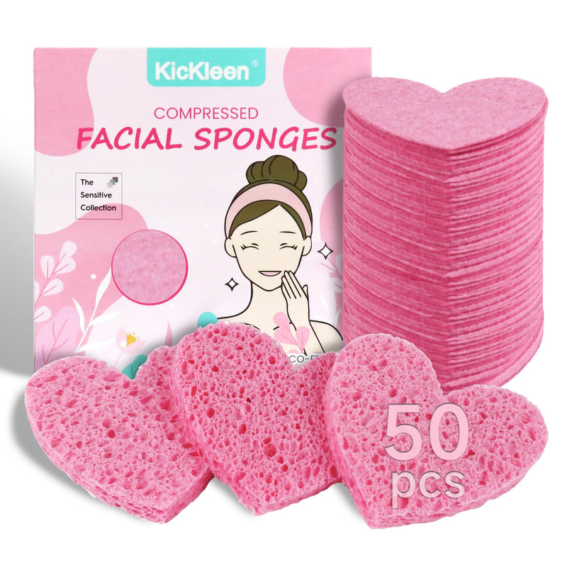 50-Count Kickleen Compressed Cellulose Heart Shape Facial Sponges | Natural Cosmetic Spa Sponges for Facial Cleansing | Exfoliating | Makeup Mask