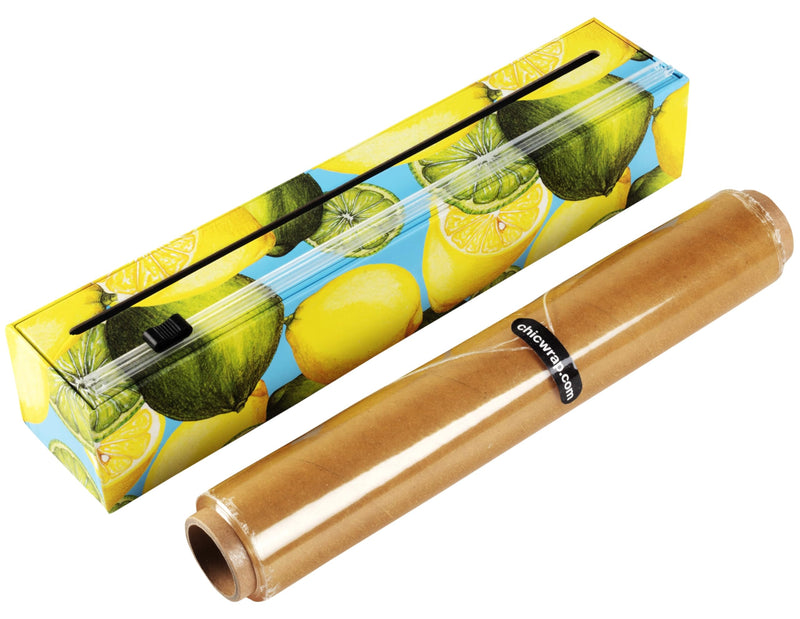 Chicwrap Lemon Refillable Plastic Wrap Dispenser - Includes 12" X 250' Roll Professional Grade Disposable Plastic Wrap - Reusable Dispenser