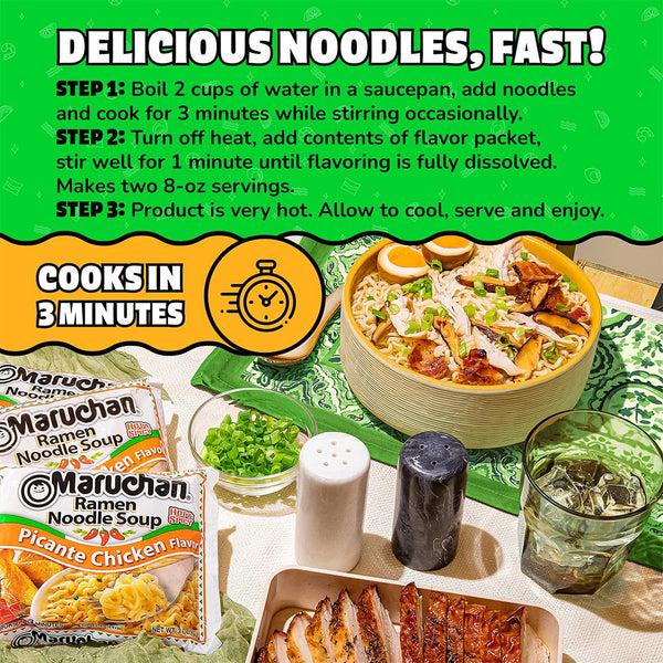 Maruchan Ramen Noodle Soup, Picante Chicken Flavor – Japanese-Style Instant Noodles, Quick & Easy Meal for Students & Busy Families – 3 Oz. (24
