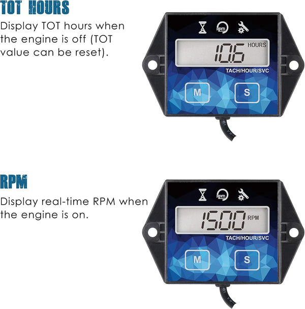 Runleader RL-HM011F Digital Hour Meter, Small Engine Tachometer