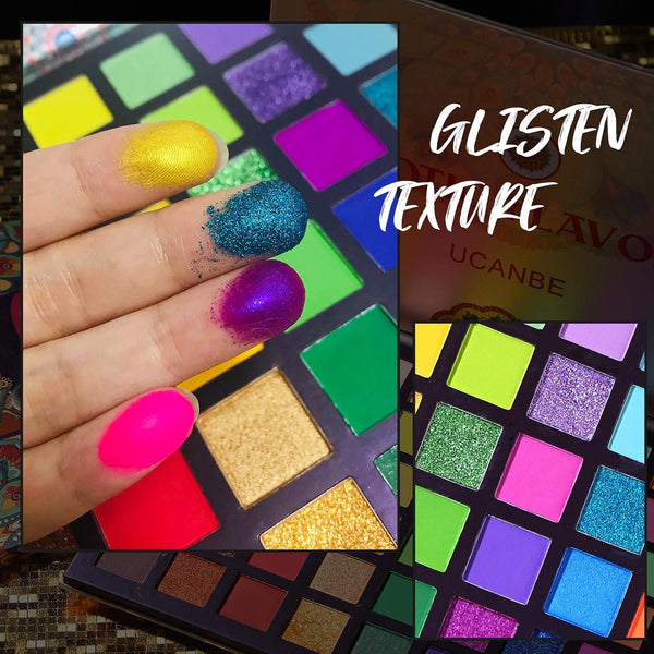 UCANBE EXOTIC FLAVORS Eyeshadow Palette + 15 PCS Eye Brushes Makeup Set 48 Colors Neon Shimmer Matte Glitter Eye Shadow Po.