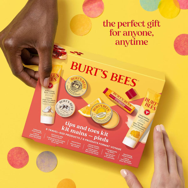 Burt'S Bees Gifts Ideas, Tips and Toes Kit, 6 Travel Size Products - Pomegranate Moisturizing Lip Balm, 2 Hand Creams, Foot Cream, Cuticle Cream,