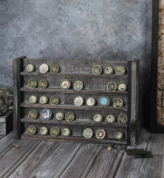 J JACKCUBE DESIGN Rustic Wood Wall Mount Coins Display Rack - 5 Tier Military Holder for Army, Air Force, Navy Awards Co