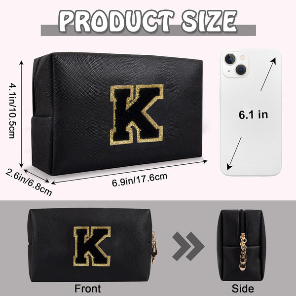 Personalized Small Preppy Makeup Bag, Chenille Letter Black Initial Cosmetic Zipper Pouch Toiletry Organizer, Waterproof PU Leather Make Up