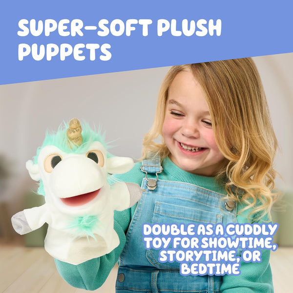 Bluey Unicorse & Bob Bilby Hand Puppet Plush Toys, 8-9”, 2-Pack | Soft deluxe fabric, embroidered details, perfect for toddler hands, imaginative
