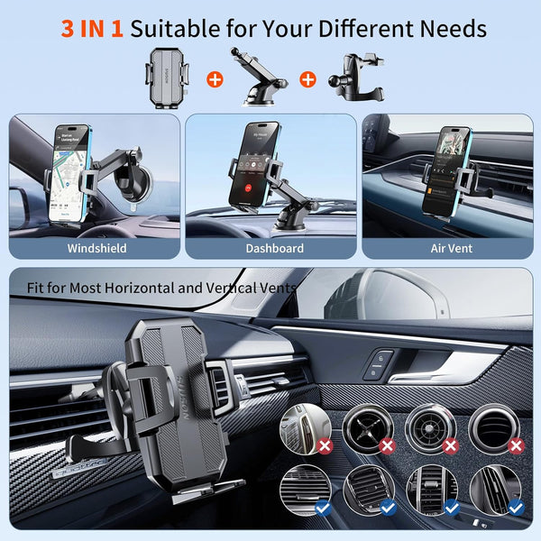 Upgraded 3-In-1 Car Phone Holder Mount [Powerful Suction] Phone Mount for Car Dashboard Air Vent Windshield Hands Free Mount, Cell Phone Car Mount