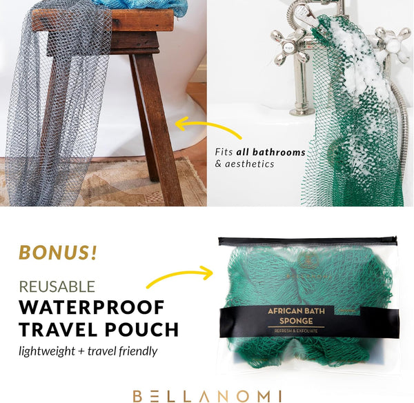 BELLANOMI African Exfoliating Net Sponge, Authentic, Ethically sourced from Nigeria, 45 inches Long, Back Scrubber for Daily use (Yellow)