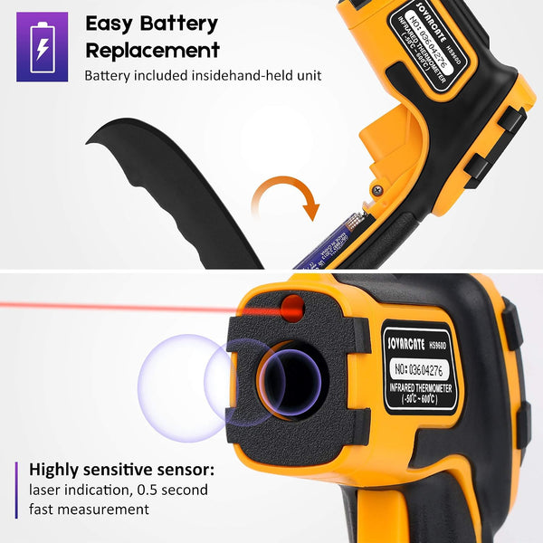 Infrared Thermometer Non-Contact Digital Laser Temperature Gun -58℉～1112℉(-50℃～600℃) Adjustable Emissivity IR Temp Gun - for Cooking, BBQ, Food,