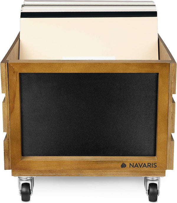 Navaris Wood Record Crate with Wheels - Vinyl Album Storage Holder Box Wooden Case with Chalkboard Sign Board - Holds up to 80 LP Records - Brown