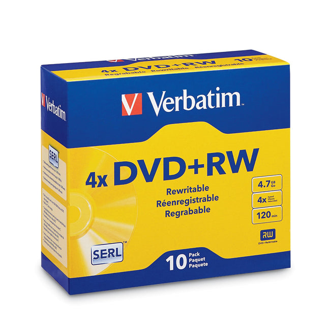 Verbatim DVD+RW 4.7GB 4X Rewritable Discs with Slim Cases, 10 Pack Branded Surfa