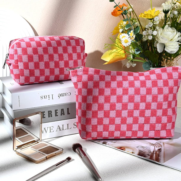 SOIDRAM 2 Pieces Makeup Bag Large Checkered Cosmetic Bag Capacity Canvas Mix Travel Toiletry Bag Organizer Cute Makeup Brushes Aesthetic