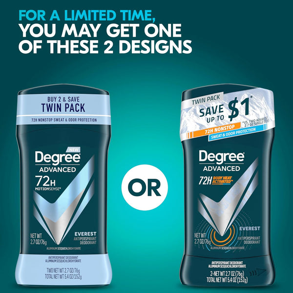 Degree Men Advanced Antiperspirant Deodorant Everest 2 Count 72-Hour Sweat and Odor Protection Antiperspirant For Men With Body Heat Activated